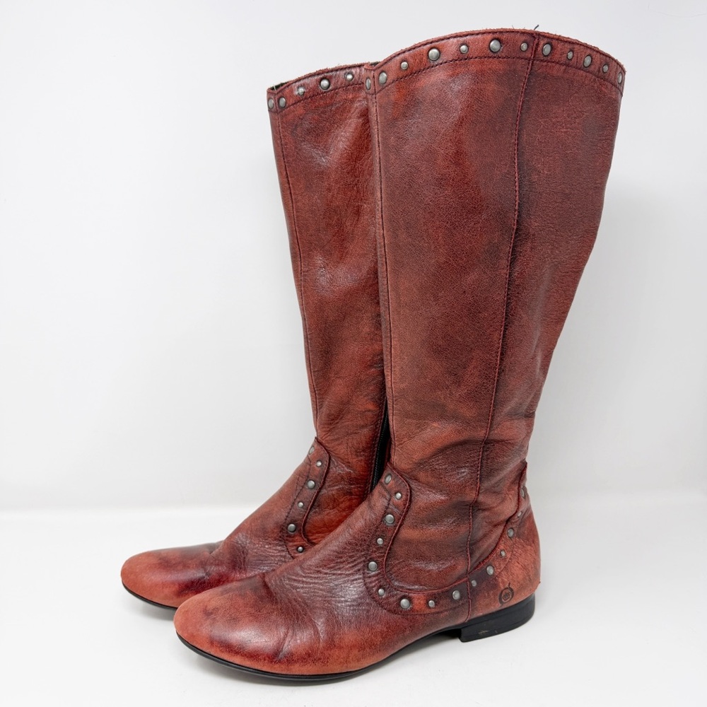 Born Boc Women's Red Leather Studded LIZZIE Knee High Side Zip Boots Size 8 / 39